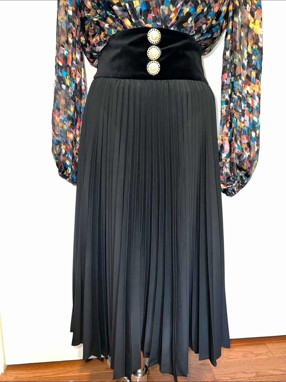 Ronny Kobo Collection Black Pleated Midi Skirt with Velvet Waistband